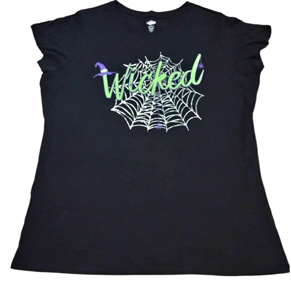 Women's Wicked Musical Silver Spider Web Halloween Black Neon Greent Shirt 2X